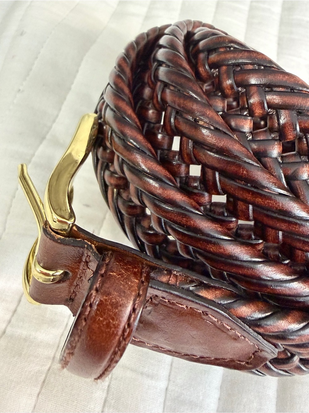 AGC Men’s Brown Braided Bonded Leather Belt Sz 42 Gold Tone Buckle Dress Casual